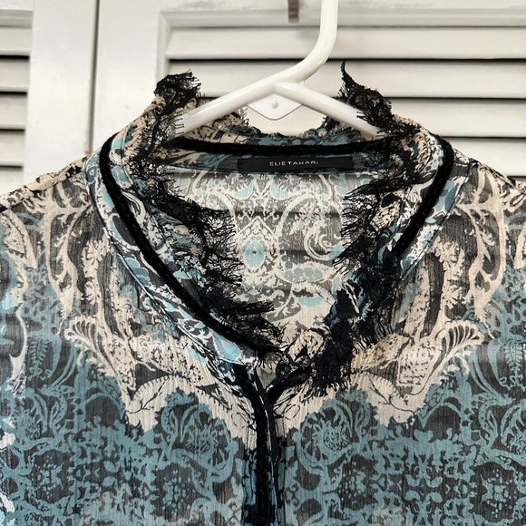 Elie Tahari Silk Sheer Snap Front Velvet Trim Blouse Lace Trim Long Sleeves LG - Picture 3 of 10